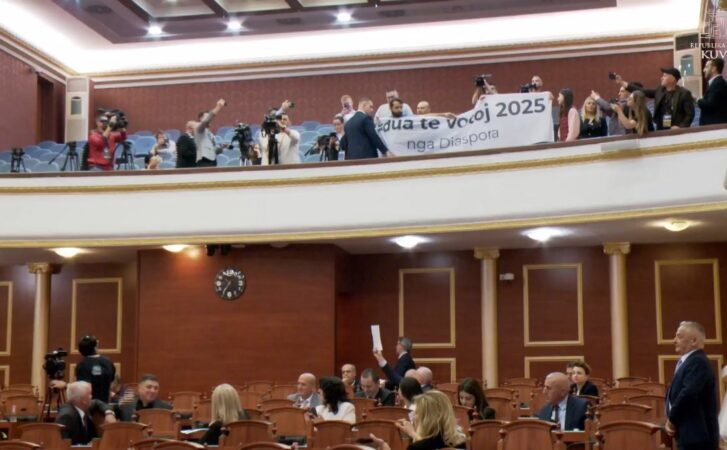 Banderolë dhe fletushka për Diasporën në Kuvend, Garda e heq me forcë: Dua të votoj më 2025…!