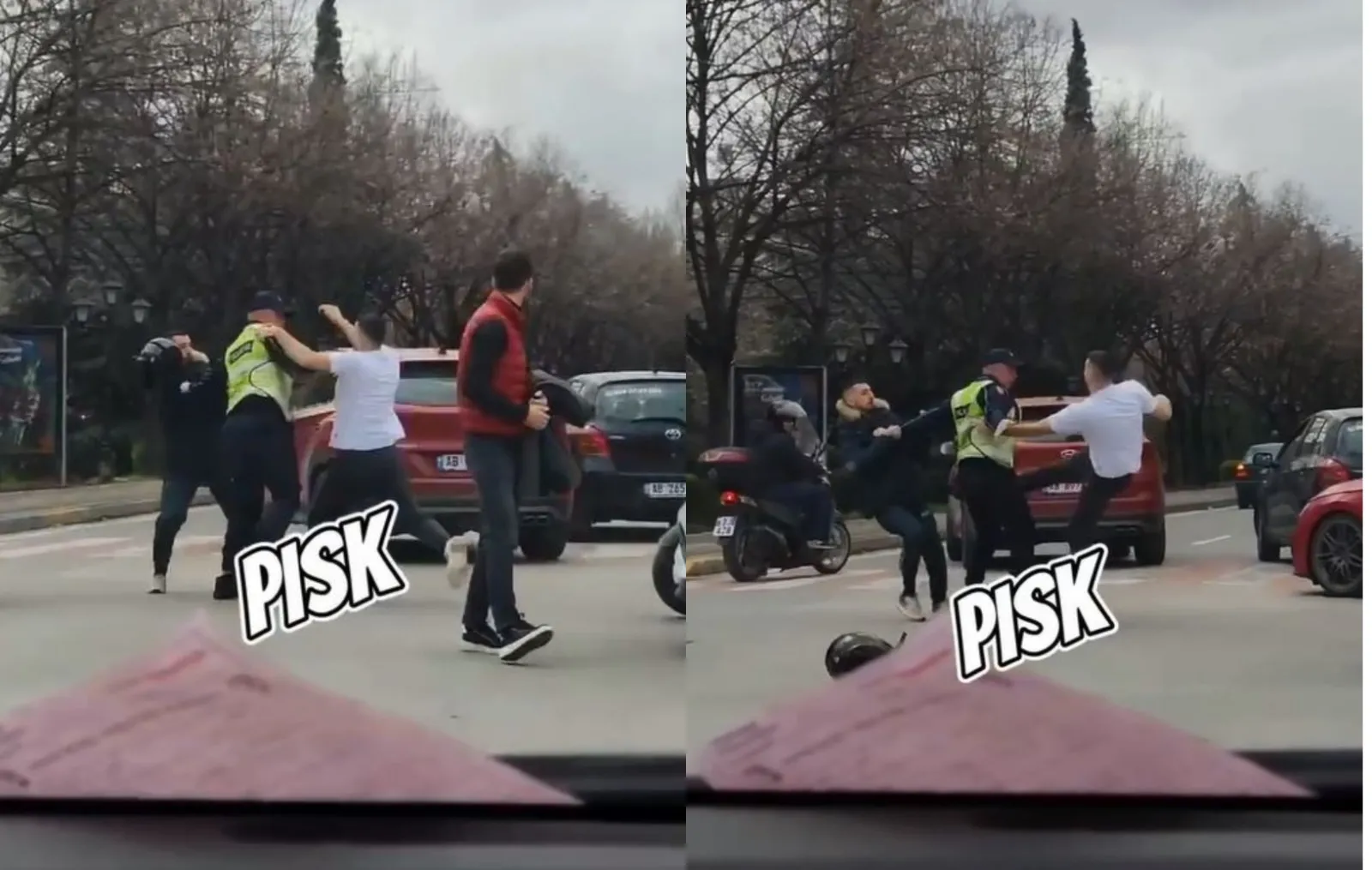 VIDEO/ Sherr me grushte e skafandër mes të rinjve në Tiranë, polici futet për t’i ndarë