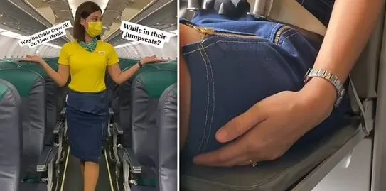 Stjuardesa tregon arsyen pse ekuipazhi i kabinës ulet mbi duar gjatë ngritjes dhe uljes së avionit