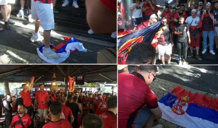 FOTO-LAJM/ Tifozët kuqezi shkelin me këmbë flamurin serb